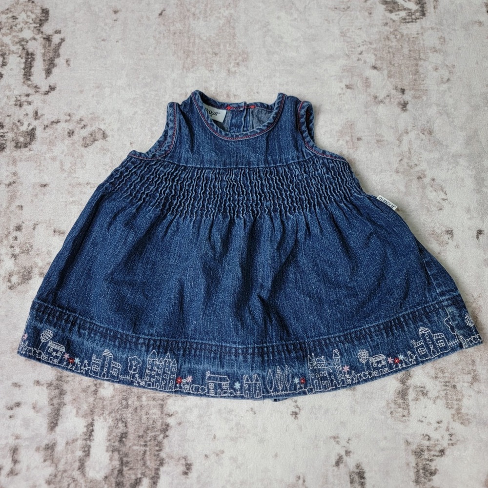 Vtg OshKosh B'gosh 6/9 M Scenic Hem Village Embroidered Denim Cottagecore Y2K